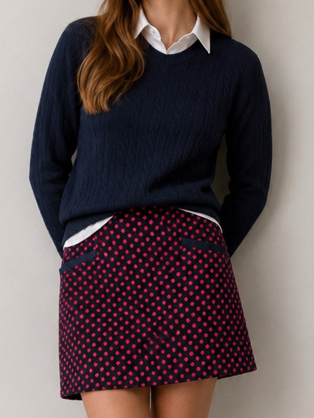 Talbots Navy & Red Polka Dot Wool Blend A-Line Skirt Size 8